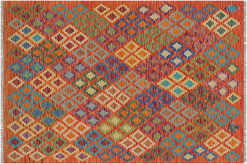 Flat Weave Kilim, Antique, Navaho, Vintage, Handmade, Geometric Kilim Rust Blue Hand-Woven Rectangle 100% Wool Area Rug 5 x 6